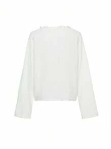 DAZY Blusa Feminina de Verão com Babados, Renda e Recortes, de Manga Longa - Bege - Visão 8
