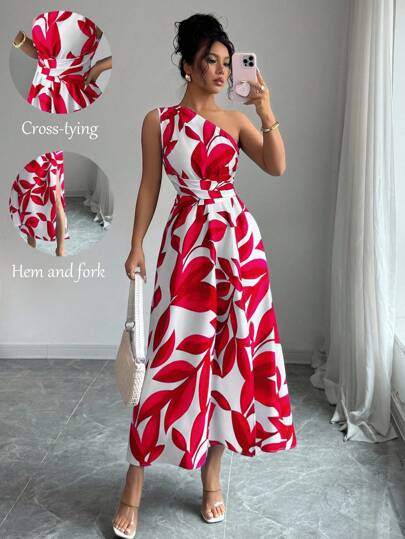 Elenzga Women's Fashion All-Over Print Slit Dress With Cinched Waist And One Shoulder