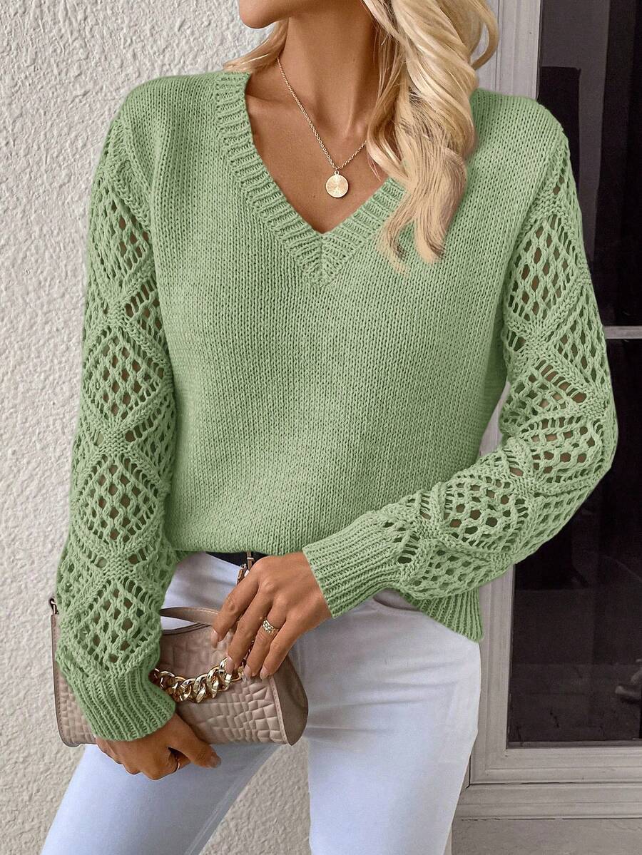 SHEIN Clasi Plus Size Solid Color Hollow Out Knit Patchwork Sweater, Casual For Autumn/Winter Fall - Mint Green - View 1