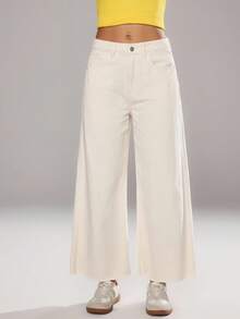 Flirla Jeans de pierna ancha de unicolor versátil y casual - Albaricoque - Ver 4