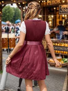 SHEIN Frenchy Women's Waist Tie Design Contrast  Sleeveless Elegant Dress,Women's Sleeveless Red Three-Dimensional Embroidered Waist-Cinching Front-Tie Dress With Floral Embroidery, Ruffle Trim And Tie Design, Oktoberfest Bavarian-Style Clothing, Festive Attire, Dirndl Dress German Dress Oktoberfest Dress Country Dress For Women,Oktoberfest Dirndl,Retro Court-Style  Dress, Traditional German Dress, Picnic Dress, Wine Dress, Pinafore Dress