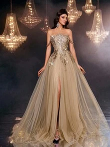 Glamrae 优雅奢华仿珍珠串珠刺绣蕾丝露肩薄纱超蓬松连衣裙，适合婚礼、活动、单身派对、度假、庆典、正式礼服（重度装饰） - 金色 - 查看 7