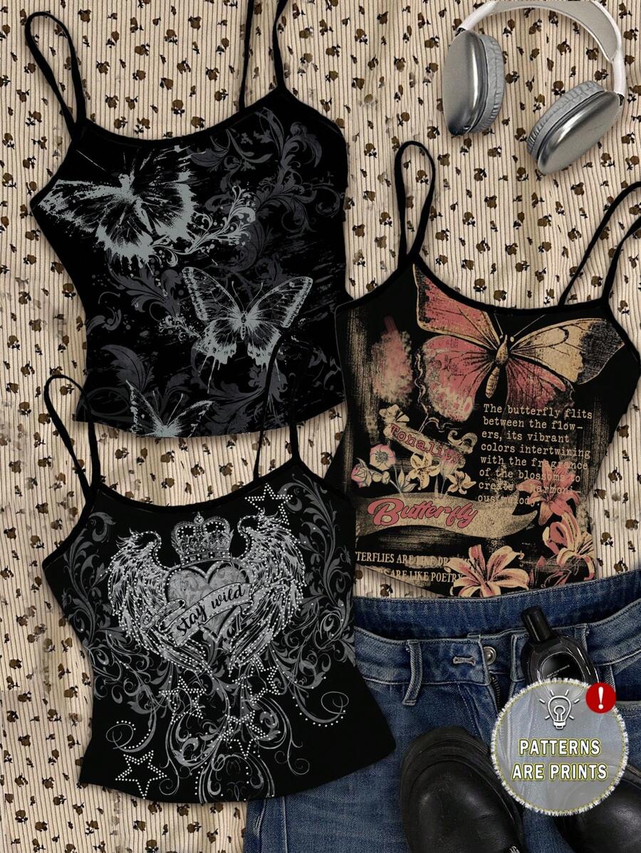 SHEIN EZwear 三件套朋克风蝴蝶印花上衣，适合夏季，Y2K哥特朋克露脐上衣，哥特风夏季装扮，适合外出穿着 - 彩色 - 查看 1