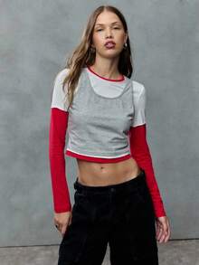 SHEIN Unity 这款层叠短款上衣将运动风与休闲酷感完美融合。撞色设计彰显大胆个性，修身剪裁更显修身。搭配女士慢跑裤或工装裤，打造极致休闲造型。 - 灰色 - 查看 5