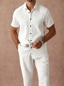 Manfinity Homme 男士纯白色常规款褶皱效果细条纹纹理面料短袖单排扣休闲衬衫套装，男士纯色短袖单排扣休闲衬衫套装，夏季，日常通勤、旅行、度假和外出的百搭单品，送给朋友的丈夫和男朋友的礼物，休闲简约风格，都市成熟风格男士白色裤子套装两件套男士亚麻套装 - 白色 - 查看 5