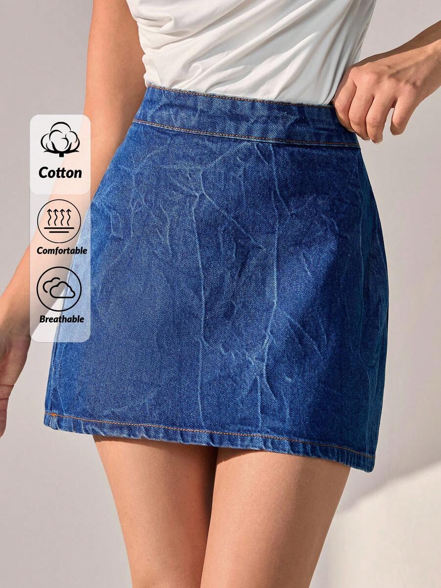 CLARA VERO Women's Casual Medium Wash Blue Denim Mini Skirt, Washed Look Jean Skirt For Everyday Style. - Medium Wash - View 1