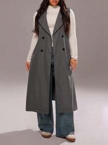Rustia Abrigo gris de talla grande, de solapa, de doble botonadura, sin mangas, informal, de unicolor, holgado, tipo cortavientos, de longitud media - Gris - Ver 5