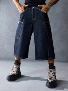 ROMWE MEN Anime Men's Denim Letter Dragon Embroidery Loose Fit Casual Shorts - Blue - View 6