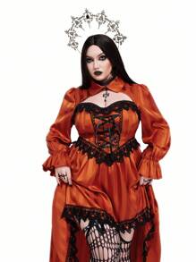 Whyspr 哥特朋克万圣节吸血鬼哥特式新款哥特式深色优雅缎面条纹二合一衬衫领泡泡袖连衣裙，派对/角色扮演短裙，前短后长设计秋季女装 - 橘色 - 查看 3