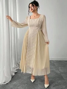 Modelyn 大码优雅通勤拼色褶皱拼接连衣裙 - 杏色 - 查看 7