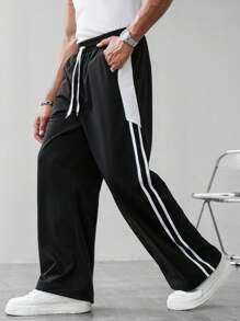 Claim Dot Men's Casual Versatile Contrast Striped Sweatpants - Black - View 1