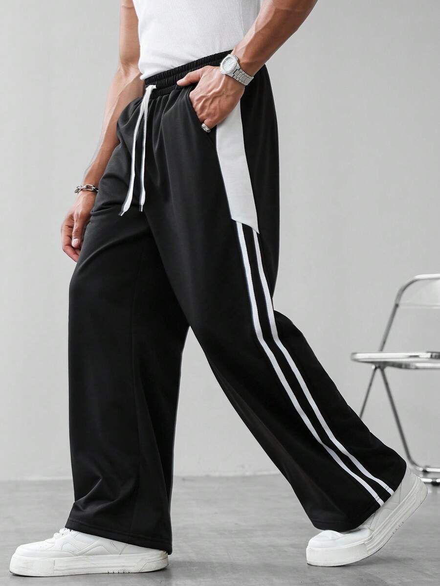 Claim Dot Men's Casual Versatile Contrast Striped Sweatpants - Black - View 1