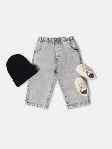 SUMWON 男婴宽松牛仔裤复古酸洗牛仔长裤经典阔腿做旧四季日常休闲裤舒适幼儿长裤 - 灰色 - 查看 1