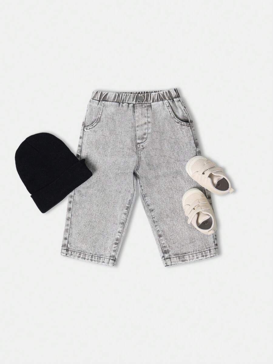 SUMWON 男婴宽松牛仔裤复古酸洗牛仔长裤经典阔腿做旧四季日常休闲裤舒适幼儿长裤 - 灰色 - 查看 1