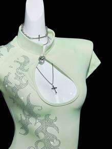 SHEIN ICON 女士绿色水钻装饰前后镂空高领紧身衣 - 黑色 - 查看 1