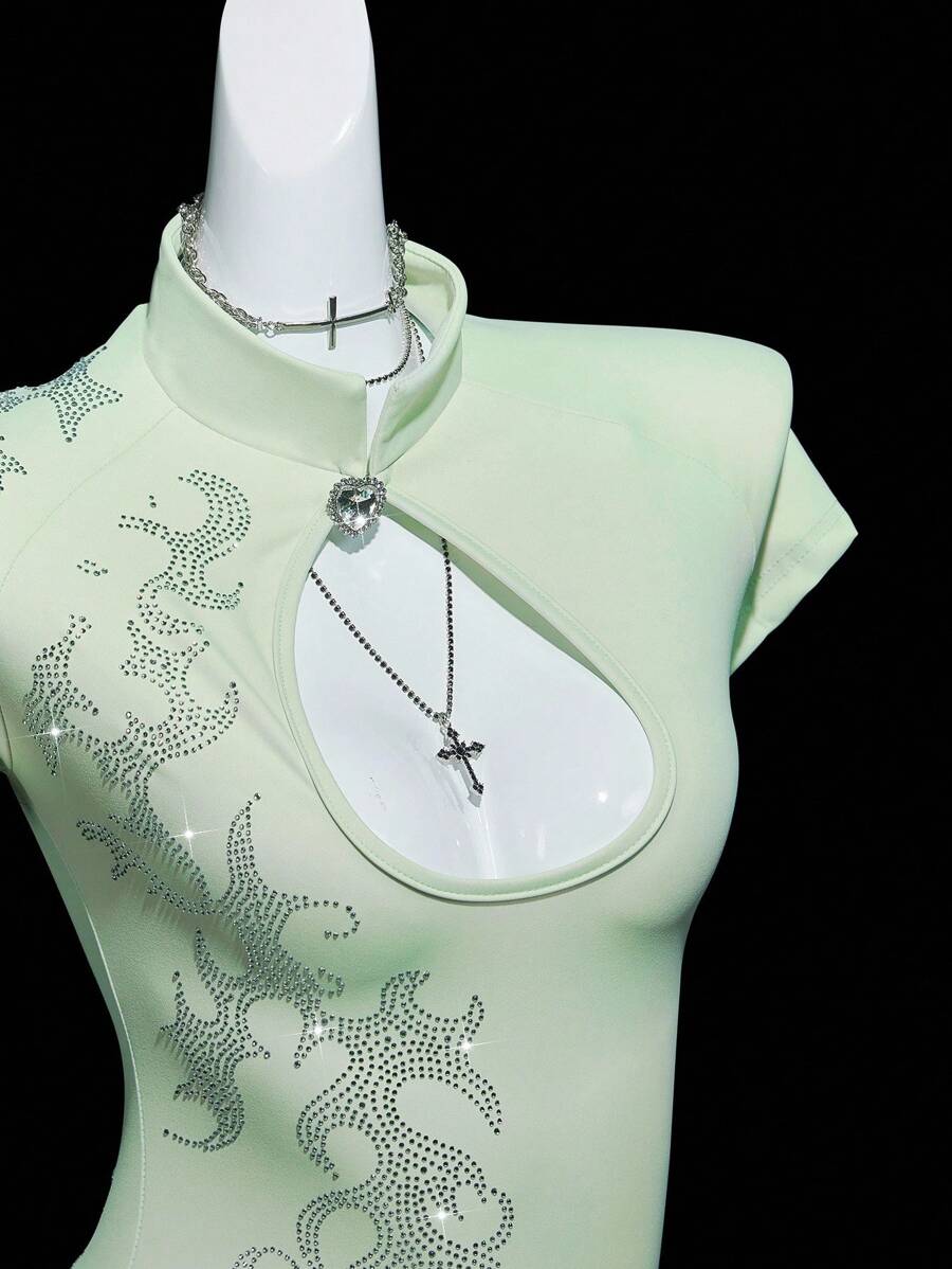 SHEIN ICON 女士绿色水钻装饰前后镂空高领紧身衣 - 黑色 - 查看 1
