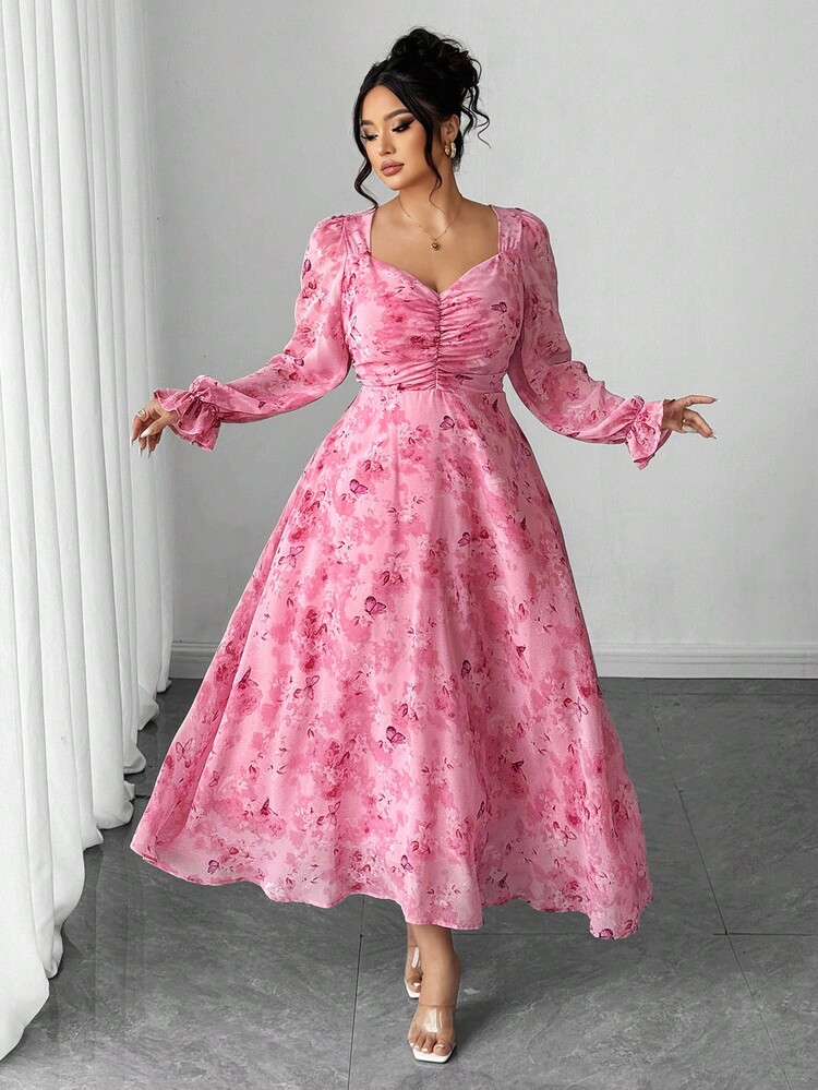 Elenzga Plus Size Damklänning med fyrkantig halsringning, blommig midja och A-linjeformad långärmad - Rosa - Visa 3