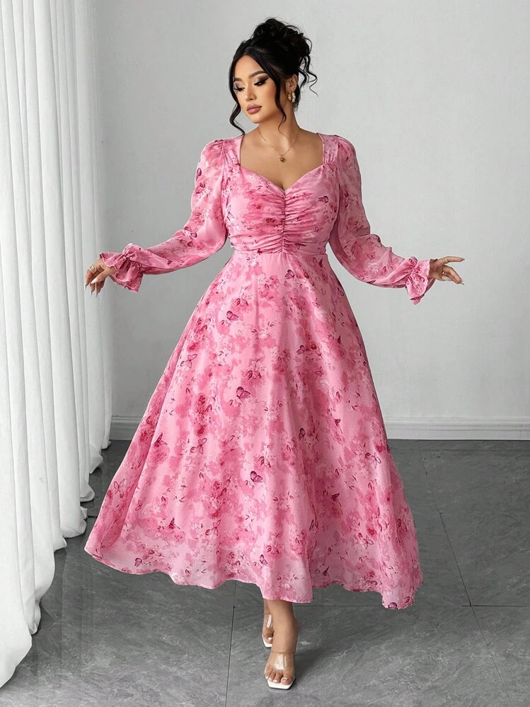 Elenzga Plus Size Women's Elegant Square Neck Ditsy Floral Waist Cinched A-Line Long Sleeve Dress Fall Cloth For Women - Pink - View 3