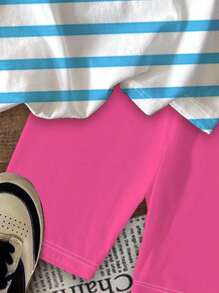SHEIN 2pcs/Set Young Girl Casual Blue Striped With "NEW YORK" Graphic, Contrast Pink, Back To School, Collegiate Style, Short Sleeve Top And Shorts, Cute Summer Outfit