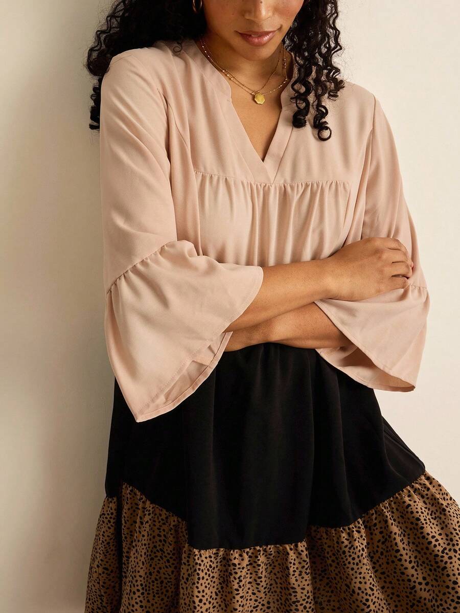 SHEIN VCAY 大码度假休闲拼色印花连衣裙 - 卡其色 - 查看 1