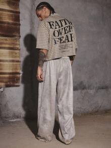 PAVTROS Manfinity Streetrush Men's Short Sleeve Boxy Silhouette Cut-Off Edge Woven Checkered Printed Button-Up Shirt Y2k Jacket Men Cropped Men's Shirt Men's Cropped Shirts Men Cropped Button Up Streetwear Men Shirts,Street Wear