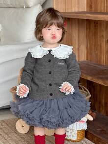 DAZY Baby Girls' Peter Pan Collar Letter Embroidery Contrast Color Casual Cute Cardigan Fall,Winter Toddler Girls Clothes - Light Grey - View 4