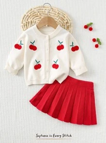 Cozy Pixies 2pcs Baby Girl Cherry Pattern Knitted Round Neck Long Sleeve Cardigan Top And Elastic Waist Skirt Set - Red - View 9