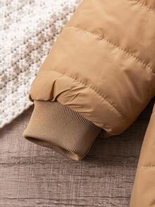 SHEIN Baby Boy Infant Toddler 0-3 Years Old Winter New Thickened Fleece Bear Embroidered Romper, Plush Bear Ear Jumpsuit, Autumn/Winter Outerwear Fall - Khaki - View 7