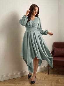 SHEIN Clasi Plus Size Women Elegant Asymmetrical Hem V-Neck Dress - Green - View 5