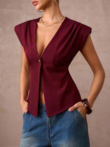 Lumalex Burgundy,Summer,Elegant,Night Out Women's V Neck Asymmetrical Hem Shirred Waist Wide Shoulder Blouse Glitter Holiday Party Rave Bohemian Luxury Top - Burgundy - View 4