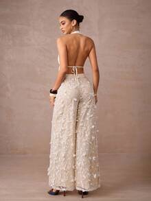 Lumalex 2件套缎面紧身胸衣腰部高腰超大长款3D花卉刺绣女士套装 - 杏色 - 查看 2