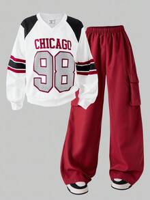 SHEIN Explorewe Tween Girl ME Tween Girl V-Neck Knit Comfortable Letter & Number Print Long Sleeve Sweatshirt And Wide Leg Pants Set, Suitable For Autumn/Winter - Burgundy - View 7
