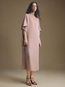 Ontre 2025年新款女装、秋冬服饰、四季服装、冬季服装、女士返校装、万圣节和圣诞节服装、女士教师服装、休闲外出、夜间外出服装、婚礼宾客服装、优雅婚礼宾客礼服、女士教堂服装、商务休闲装、优雅串珠蝙蝠袖商务休闲连衣裙 - 粉色 - 查看 4