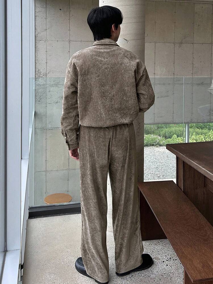 Men's Solid Color Brown Textured Flannel Shirt Set, Autumn