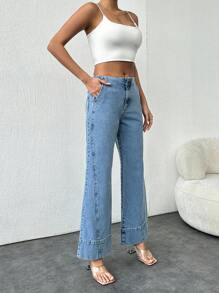 EURMUSE Medium Wash Midwaist Wideleg Cutline Detail - Medium Wash - View 4