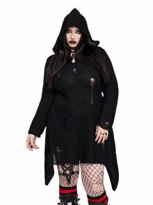 SHEIN Whyspr Vestido de punto con capucha de unicolor y efecto desgastado de estilo oscuro y de moda para tallas grandes - Negro - Ver 6