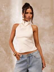 SHEIN BAE Apricot Color Backless Draped Neck Women Tank Top, Sexy & Elegant Summer Tank Top