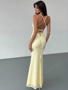 Aloruh 女士优雅性感纯色蕾丝露背吊带连衣裙，夏季 - 黃色 - 查看 3