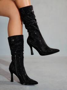 CUCCOO SZL Giày bốt cao gót mũi nhọn đính đá thời trang nữ màu đen, thanh lịch và gợi cảm cho tiệc tùng, đám cưới, sự kiện - màu đen - Xem 3