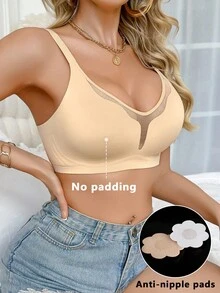 SHEIN 1 件套休闲舒适简约无缝网眼拼接轻质无钢圈柔软支撑女士文胸 - 杏色 - 查看 3