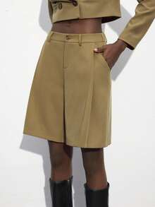 Maija Khaki Casual Work Versatile Bermuda Shorts With Pockets, Festival