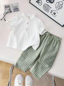 SHEIN 2 件套男婴休闲学院风灰色中式立领衬衫和条纹松紧腰裤套装，适合生日派对、晚会、表演、婚礼、迎婴派对、1 岁生日庆祝 - 彩色 - 查看 4