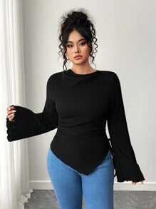 Elenzga Plus Size Women's Solid Color Frill Trim Flare Sleeve Side Drawstring Fashionable T-Shirt Fall Cloth For Women