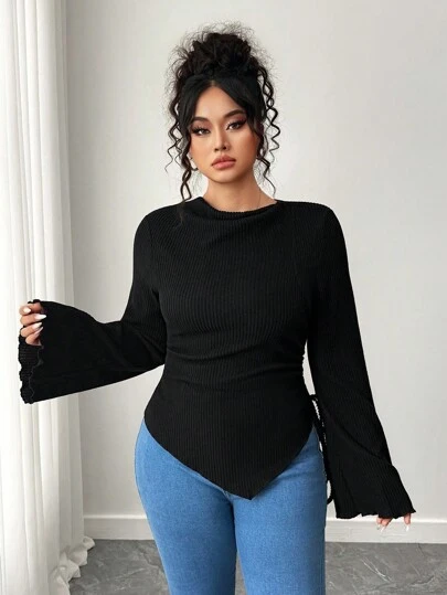 Elenzga Plus Size Women's Solid Color Frill Trim Flare Sleeve Side Drawstring Fashionable T-Shirt Fall Cloth For Women