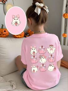 SHEIN Girls' Halloween Ghost Pumpkin Shirt Pink And White,Summer,Cute,City Break Oversized Tween Girl Creative Grid Bow Graphic Print Short Sleeve T-Shirt - Pink - View 3