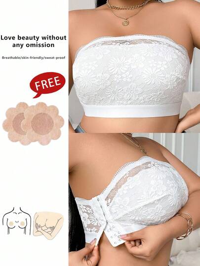 SHEIN 1pc Plus Size Lace Wireless Bandeau Bra Strapless Bra Bras For Women Strapless Lace Strapless Bra Strapless Bandeau Bra White Lace Bra