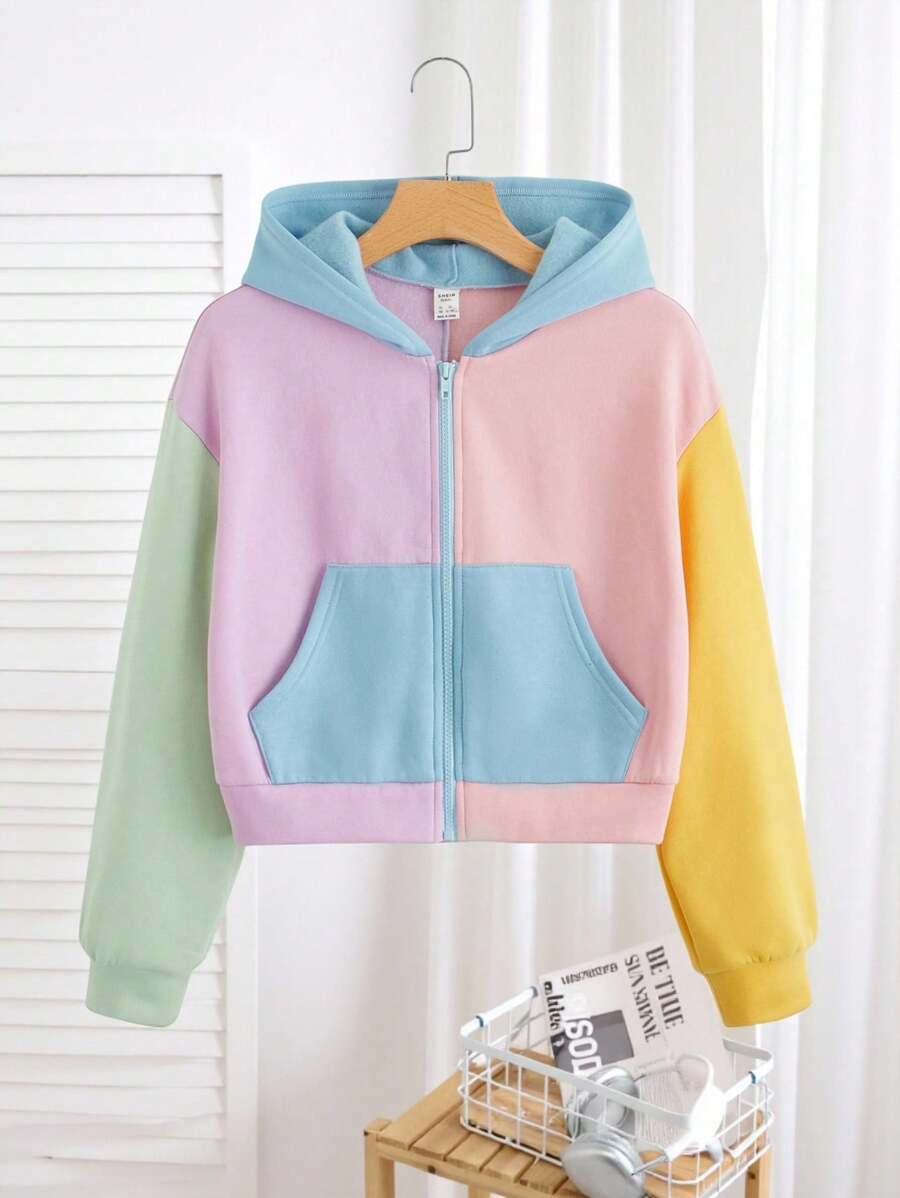 SHEIN 青少年女孩撞色袋鼠口袋保暖衛衣 - 彩色 - 查看 1