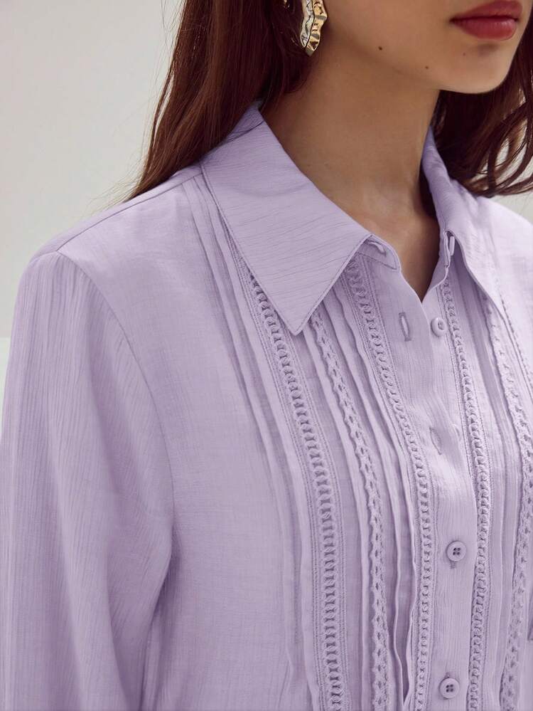 MOTF STUDIO SOLID LACE INSERT LONG SLEEVE SHIRT - Purple - View 2