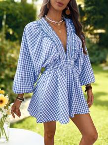 KARISMINA 女式梭织格子V领宽松袖连体裤