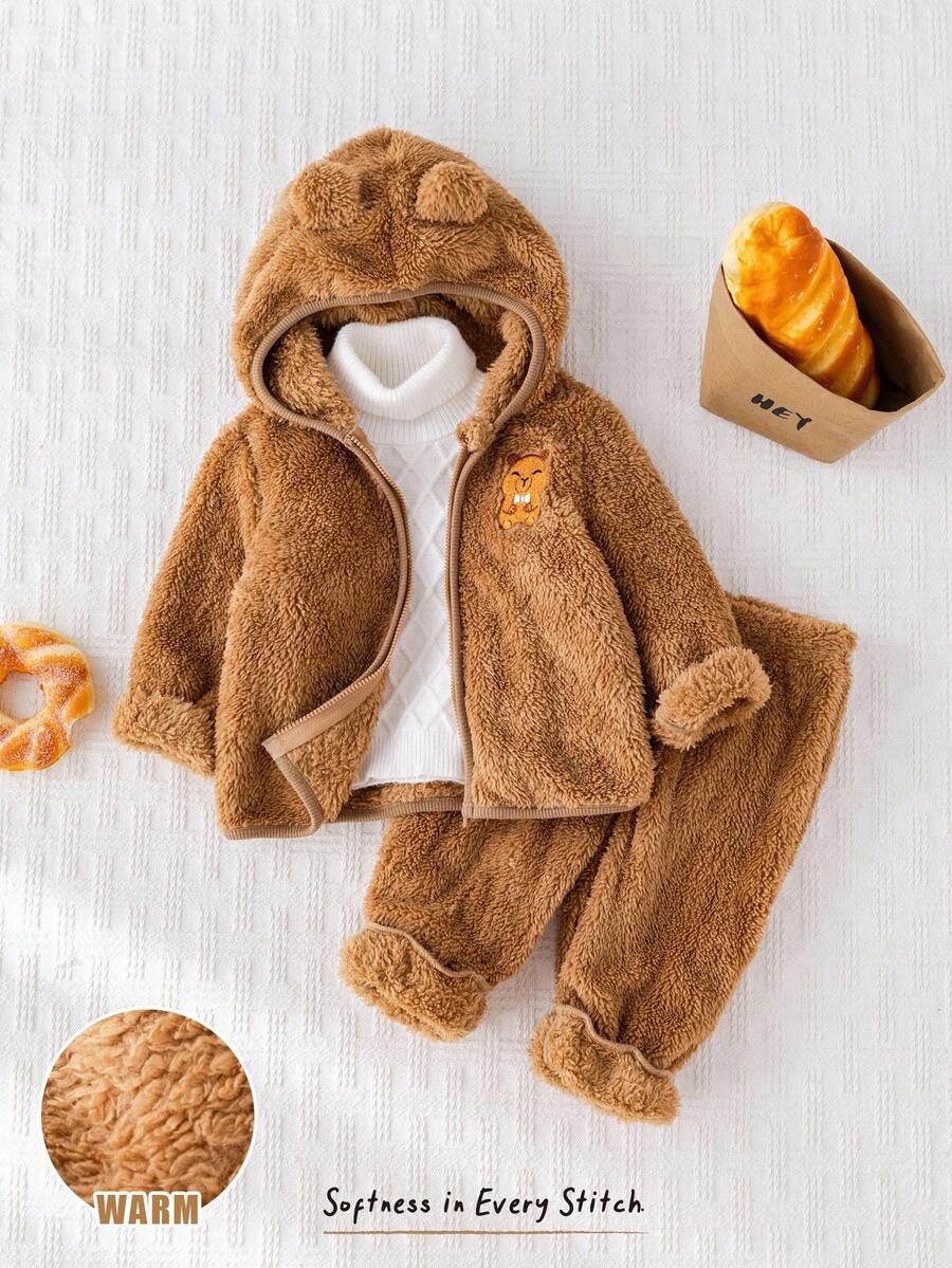 Cozy Pixies 2pcs Baby Boy Cartoon Bear Pattern Thermal Lined Hooded Jacket And Elastic Waist Ankle Cuff Pants Set - Brown - View 1